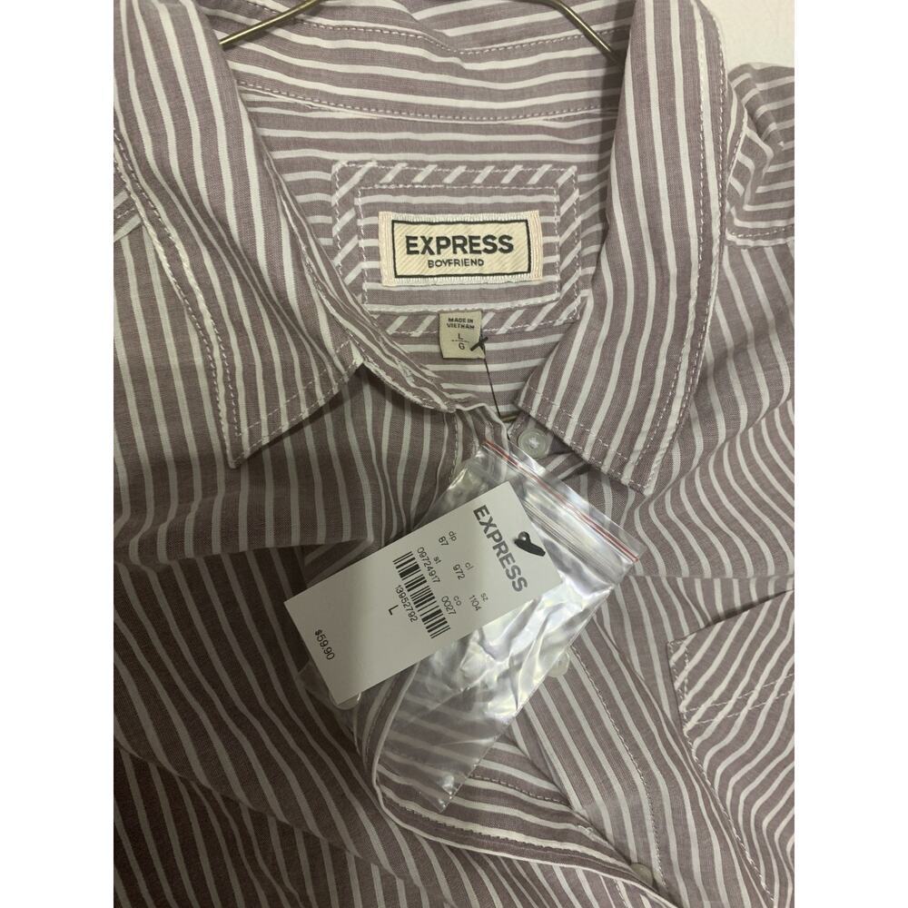 NWT Express Boyfriend Women's Long Sleeve Button Up Striped Embroidered Shirt L - Picture 6 of 8